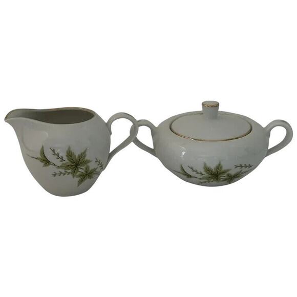 FINE CHINA OF JAPAN, Creamer & Sugar Bowl w/Lid, White with Pink, Green & Brown - Picture 1 of 15